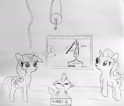Size: 1681x1440 | Tagged: safe, artist:tjpones, character:spike, character:starlight glimmer, character:twilight sparkle, character:twilight sparkle (alicorn), species:alicorn, species:dragon, species:pony, chalk, chalkboard, glowing horn, horn, levitation, lineart, magic, monochrome, pulley, science, spike is not amused, telekinesis, traditional art, unamused, winged spike