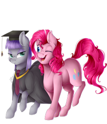 Size: 3000x3457 | Tagged: safe, artist:allex-ai, artist:vavaig69, character:maud pie, character:pinkie pie, species:earth pony, species:pony, episode:rock solid friendship, g4, my little pony: friendship is magic, clothing, cute, duo, female, graduation, graduation cap, happy, hat, high res, lidded eyes, looking at each other, mare, one eye closed, open mouth, pie sisters, robe, rocktorate, siblings, simple background, sisters, transparent background