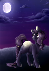 Size: 3000x4300 | Tagged: safe, artist:allex-ai, artist:vavaig69, oc, oc only, oc:nightlight glow, species:pony, species:unicorn, braided tail, butt freckles, commission, female, freckles, full moon, looking up, mare, moon, night, ponytail, smiling, solo, sparkles, stars, tail jewelry