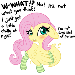 Size: 1080x1080 | Tagged: safe, artist:tjpones, edit, editor:deserter, character:fluttershy, species:pegasus, species:pony, adorable distress, blushing, chest fluff, clothing, color edit, colored, covering, cute, dialogue, female, floppy ears, lewd, lies, mare, pervert, ponies in socks, shyabetes, simple background, socks, solo, striped socks, suspiciously specific denial, sweat, talking, talking to viewer, white background