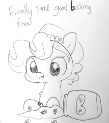 Size: 1280x1441 | Tagged: safe, artist:tjpones, oc, oc only, oc:brownie bun, species:earth pony, species:pony, buck, censored, censored vulgarity, chest fluff, eating, female, finally some good fucking food, food, gordon ramsay, mare, monochrome, peanut, peanut butter, ponified, ponified meme, text, traditional art