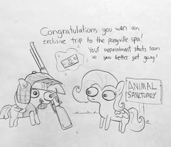 Size: 1358x1164 | Tagged: safe, artist:tjpones, character:fluttershy, character:twilight sparkle, character:twilight sparkle (alicorn), species:alicorn, species:pegasus, species:pony, blatant lies, clothing, dialogue, duo, female, grayscale, gun, hat, hunter, hunting, hunting rifle, magic, mare, monochrome, rifle, seems legit, simple background, sparkles! the wonder horse!, telekinesis, this will end in death, this will end in tears, this will end in tears and/or death, this will not end well, traditional art, weapon