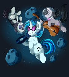 Size: 3320x3683 | Tagged: safe, alternate version, artist:pridark, character:dj pon-3, character:neon lights, character:octavia melody, character:rising star, character:vinyl scratch, species:earth pony, species:pony, species:unicorn, asteroid, bow tie, cello, chest fluff, clothing, eyes closed, female, high res, male, mare, musical instrument, record, smiling, space, space helmet, stallion, sunglasses
