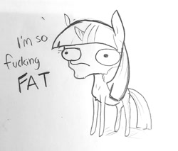 Size: 1214x1032 | Tagged: safe, artist:tjpones, character:twilight sparkle, species:pony, anorexia, dark comedy, dialogue, female, mare, monochrome, pencil drawing, simple background, solo, sparkles! the wonder horse!, traditional art, vulgar