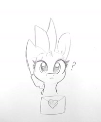 Size: 1358x1630 | Tagged: safe, artist:tjpones, character:fizzlepop berrytwist, character:tempest shadow, species:pony, species:unicorn, broken horn, bust, cute, eye scar, female, grayscale, heart, horn, letter, looking at you, love letter, mare, monochrome, pencil drawing, question mark, scar, simple background, solo, tempestbetes, traditional art