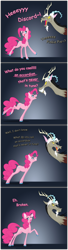 Size: 2020x7414 | Tagged: safe, artist:grievousfan, character:discord, character:pinkie pie, species:draconequus, species:earth pony, species:pony, anti-humor, bait and switch, colored hooves, comic, dialogue, duo, female, gray background, joke, male, mare, pun, raised hoof, simple background