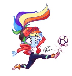 Size: 953x1003 | Tagged: safe, artist:katrina hadley, artist:lunchie, character:rainbow dash, eqg summertime shorts, my little pony:equestria girls, ball, converse, kicking, official fan art, ponytail, shoes, sports