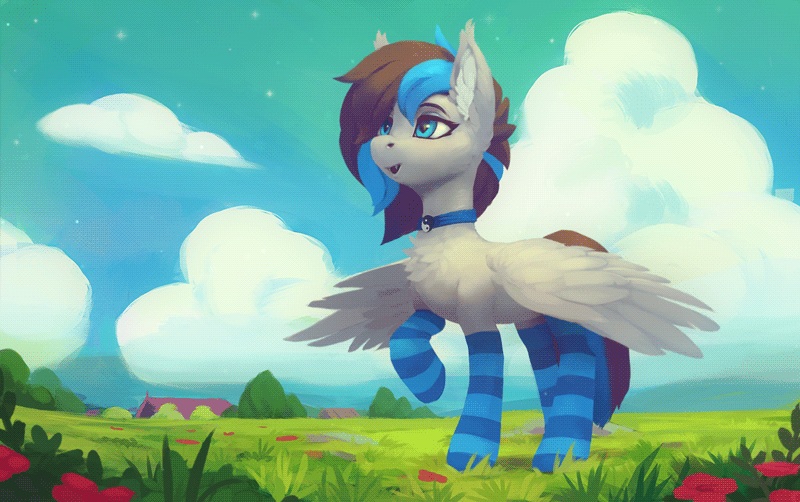 Size: 800x502 | Tagged: safe, artist:rodrigues404, oc, oc only, oc:mareana sweetie, species:bat pony, species:pegasus, species:pony, animated, chest fluff, clothing, fangs, female, gift art, mare, smiling, socks, solo, stockings, striped socks, thigh highs, wind