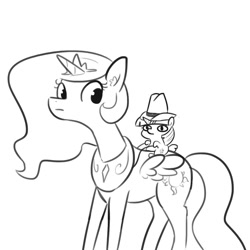 Size: 1080x1080 | Tagged: safe, artist:tjpones, character:princess celestia, character:twilight sparkle, character:twilight sparkle (alicorn), species:alicorn, species:pony, black and white, clothing, cowboy hat, duo, giddy up, grayscale, hat, lineart, monochrome, ponies riding ponies, reins, simple background, smol, ten gallon hat, twiggie, white background