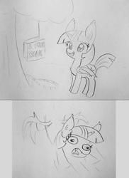 Size: 1700x2336 | Tagged: safe, artist:tjpones, character:twilight sparkle, character:twilight sparkle (alicorn), species:alicorn, species:bat pony, species:pony, 2 panel comic, bait, bat ponified, bat pony alicorn, book, comic, ear fluff, fangs, female, grayscale, it's a trap, mare, monochrome, pencil drawing, race swap, simple background, solo, that pony sure does love books, traditional art, trap, twibat