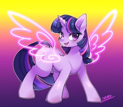 Size: 1500x1300 | Tagged: safe, artist:zakro, character:twilight sparkle, character:twilight sparkle (unicorn), species:pony, species:unicorn, artificial wings, augmented, female, looking at you, magic, magic wings, mare, solo, wings