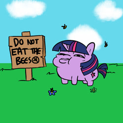 Size: 1024x1024 | Tagged: safe, artist:luzion, artist:tjpones, edit, editor:luzion, character:twilight sparkle, species:pony, species:unicorn, bee, bee sting, color edit, colored, do not eat, female, mare, not salmon, sign, swollen, this ended in pain, too dumb to live, twiggie, warning sign, wat, why