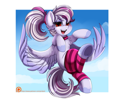 Size: 3215x2540 | Tagged: safe, artist:pridark, patreon reward, oc, oc only, oc:windbreaker, species:pegasus, species:pony, choker, cloud, female, flying, leg warmers, looking at you, mare, open mouth, patreon, patreon logo, ponytail, red eyes, solo