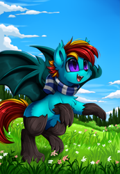 Size: 2343x3395 | Tagged: safe, artist:pridark, oc, oc only, oc:pool shade, species:bat pony, species:pony, bat pony oc, clothing, commission, cute, grass field, hengstwolf, high res, hybrid, open mouth, original species, scarf, scenery, solo, species swap, timber pony, timber wolf, werewolf