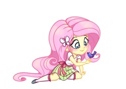 Size: 1044x736 | Tagged: safe, artist:katrina hadley, artist:lunchie, character:fluttershy, species:bird, my little pony:equestria girls, chibi, clothing, cute, female, official fan art, shoes, shyabetes, simple background, skirt, socks, solo, white background