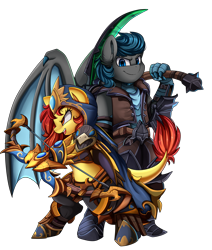 Size: 2550x3009 | Tagged: safe, artist:pridark, oc, oc only, species:dracony, species:pony, armor, arrow, badass, bipedal, bow (weapon), bow and arrow, commission, couple, female, heroes of the storm, hybrid, male, mare, midriff, necromancer, simple background, smiling, stallion, transparent background, weapon