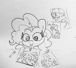 Size: 1479x1330 | Tagged: safe, artist:tjpones, character:applejack, character:pinkie pie, character:rarity, character:twilight sparkle, species:earth pony, species:pony, balloon, drawing, female, grayscale, mare, monochrome, mouth hold, pencil, pencil drawing, simple background, solo, traditional art, wahaha, yeehaw