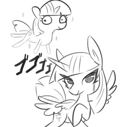 Size: 1152x1152 | Tagged: safe, artist:tjpones, character:twilight sparkle, character:twilight sparkle (alicorn), species:alicorn, species:pony, anime, duality, duo, female, grayscale, jojo's bizarre adventure, mare, menacing, monochrome, pose, raised hoof, simple background, sparkles, sparkles! the wonder horse!, stand, white background, ゴ ゴ ゴ