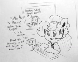 Size: 1512x1216 | Tagged: safe, artist:tjpones, oc, oc only, oc:brownie bun, species:earth pony, species:pony, horse wife, dialogue, drawing, female, headset, keyboard, mare, mug, necktie, office, simple background, sitting, solo, tech support, traditional art