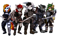 Size: 3924x2339 | Tagged: safe, artist:pridark, oc, oc:alter ego, oc:commissar junior, species:anthro, species:bat pony, species:wolf, altenior, arrow, axe, bat pony oc, bipedal, bow (weapon), bow and arrow, clothing, commission, electricity, furry, group, looking at you, non-pony oc, one eye closed, sword, weapon, wink