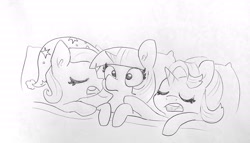 Size: 1824x1044 | Tagged: safe, artist:tjpones, character:starlight glimmer, character:trixie, character:twilight sparkle, species:pony, bed, blanket, drool, implied threesome, implied twistartrix, morning after, pillow, sleeping, sleeping cap