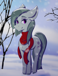 Size: 2975x3850 | Tagged: safe, artist:lula-moonarts, character:marble pie, species:earth pony, species:pony, chest fluff, clothing, colored hooves, cute, female, high res, marblebetes, mare, scarf, snow, snowfall, solo, tree, winter