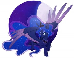 Size: 2028x1584 | Tagged: safe, artist:nemovonsilver, character:princess luna, species:alicorn, species:pony, cloven hooves, crown, cute, eye clipping through hair, female, jewelry, lidded eyes, lunabetes, mare, moon, night, regalia, solo, spread wings, two toned wings, wings