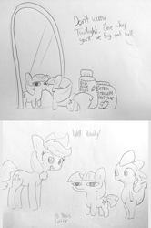 Size: 1710x2575 | Tagged: safe, artist:tjpones, character:applejack, character:spike, character:twilight sparkle, character:twilight sparkle (unicorn), species:dragon, species:earth pony, species:pony, species:unicorn, 2 panel comic, comic, dialogue, female, grayscale, male, mare, mirror, monochrome, pencil drawing, simple background, size difference, smol, traditional art, twiggie