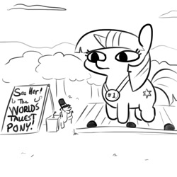 Size: 1152x1152 | Tagged: safe, artist:tjpones, character:twilight sparkle, character:twilight sparkle (unicorn), species:pony, species:unicorn, :|, cane, clothing, duo, female, giant pony, grayscale, hat, hoof hold, macro, male, mare, medal, microphone, monochrome, podium, sign, simple background, stage, stallion, tall, top hat, twiggie, wat, white background