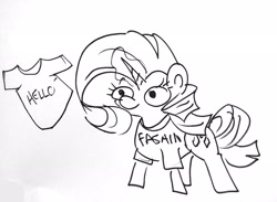 Size: 1920x1405 | Tagged: safe, artist:tjpones, character:rarity, species:pony, species:unicorn, black and white, clothing, fashion, female, glowing horn, grayscale, horn, magic, mare, monochrome, shirt, simple background, solo, telekinesis, white background