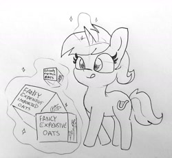 Size: 1557x1440 | Tagged: safe, artist:tjpones, character:lyra heartstrings, species:pony, species:unicorn, episode:slice of life, g4, my little pony: friendship is magic, black and white, blep, expensive imported oats, female, food, glowing horn, grayscale, horn, imminent consumption, l.u.l.s., magic, mare, monochrome, oats, pure unfiltered evil, simple background, solo, telekinesis, tongue out, traditional art