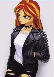 Size: 1158x1638 | Tagged: safe, artist:agaberu, character:sunset shimmer, my little pony:equestria girls, choker, chromatic aberration, clothing, collar, ear piercing, eyeshadow, female, hands in pockets, jacket, leather jacket, makeup, piercing, shirt, simple background, solo, spiked choker, spiked collar, studs, torn clothes, torn jeans, white background