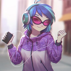 Size: 1158x1158 | Tagged: safe, artist:agaberu, character:dj pon-3, character:vinyl scratch, my little pony:equestria girls, chromatic aberration, clothing, cute, female, headphones, hoodie, looking at you, music player, one eye closed, phone, smiling, solo, sunglasses, vinylbetes, wink