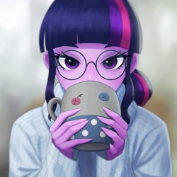 Size: 1158x1158 | Tagged: safe, artist:agaberu, character:smarty pants, character:twilight sparkle, character:twilight sparkle (scitwi), species:eqg human, my little pony:equestria girls, bust, clothing, drinking, glasses, long nails, looking at you, mug, ponytail, sweater