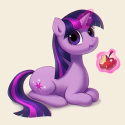 Size: 1158x1158 | Tagged: safe, artist:agaberu, character:twilight sparkle, character:twilight sparkle (unicorn), species:pony, species:unicorn, :t, apple, chromatic aberration, cute, eating, female, food, glowing horn, horn, looking at you, lying down, magic, mare, prone, simple background, solo, telekinesis, twiabetes