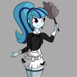 Size: 1280x1280 | Tagged: safe, alternate version, artist:tjpones, character:sonata dusk, my little pony:equestria girls, clothing, cute, duster, female, fishnets, gray background, maid, simple background, smiling, socks, solo, sonatabetes, thigh highs
