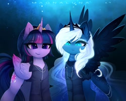 Size: 1920x1542 | Tagged: safe, artist:magnaluna, character:princess luna, character:twilight sparkle, character:twilight sparkle (alicorn), species:alicorn, species:pony, accessories, blue background, clothing, crown, cute, cute little fangs, duo, fangs, female, hoodie, horn, jewelry, looking at you, looking down, looking down at you, mare, necklace, night, regalia, simple background, smiling, wings