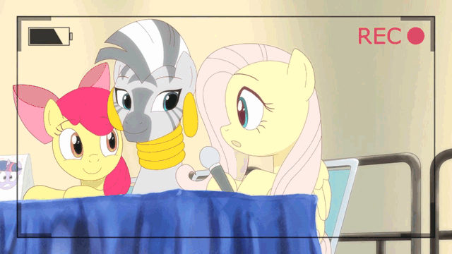 Size: 640x360 | Tagged: safe, artist:deannart, character:apple bloom, character:fluttershy, character:zecora, species:pony, species:zebra, .mov, andrea libman, animated, bedroom eyes, equestria la, female, frame by frame, hooves on the table, innocence.mov, microphone, recording, shed.mov, shocking the cast, stay out of my shed, voice actor joke, youtube, youtube link