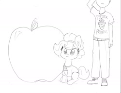 Size: 1863x1440 | Tagged: safe, artist:tjpones, oc, oc only, oc:brownie bun, oc:richard, species:earth pony, species:human, species:pony, horse wife, apple, clothing, duo, ear fluff, female, food, giant apple, giant produce, grayscale, human male, implied princess cadance, male, mare, monochrome, peetzer, pencil drawing, pun, shirt, simple background, sitting, traditional art, white background