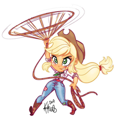 Size: 976x1019 | Tagged: safe, artist:katrina hadley, artist:lunchie, character:applejack, species:human, my little pony:equestria girls, belt, boots, chibi, clothing, cowboy boots, cowboy hat, cowgirl, cute, female, freckles, hat, jeans, lasso, official fan art, pants, rope, signature, simple background, solo, stetson, white background