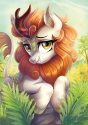 Size: 849x1200 | Tagged: safe, artist:yulyeen, character:autumn blaze, species:kirin, episode:sounds of silence, g4, my little pony: friendship is magic, awwtumn blaze, beautiful, bedroom eyes, cloven hooves, cute, ear fluff, featured on derpibooru, female, fern, leonine tail, looking at you, mare, plant, smiling, solo