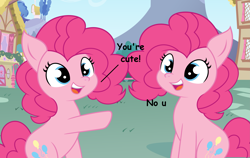 Size: 5187x3274 | Tagged: safe, artist:slb94, artist:tjpones, character:pinkie pie, species:earth pony, species:pony, clone, cute, dialogue, diapinkes, female, mare, no u, open mouth, pointing, self ponidox
