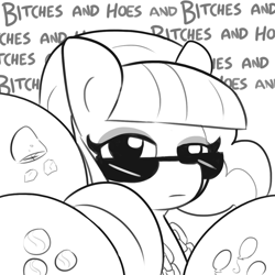 Size: 1152x1152 | Tagged: safe, artist:tjpones, character:limestone pie, character:marble pie, character:maud pie, character:pinkie pie, species:earth pony, species:pony, ass up, balloonbutt, bling, butt, butts everywhere, chains, female, grayscale, jewelry, looking at you, mare, monochrome, necklace, pie sisters, plot, siblings, simple background, sisters, sunglasses, vulgar, white background