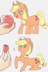 Size: 591x874 | Tagged: safe, artist:yakieringi014, character:applejack, species:earth pony, species:pony, apple, do not want, female, food, mare, strawberry, that pony sure does hate strawberries, want