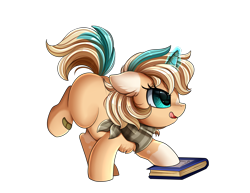 Size: 2430x1876 | Tagged: safe, artist:pridark, oc, oc only, oc:sun light, species:pony, species:unicorn, bandana, book, chest fluff, commission, female, filly, magic, simple background, socks (coat marking), solo, tongue out, transparent background