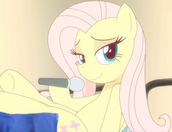 Size: 1156x890 | Tagged: safe, artist:deannart, character:fluttershy, species:pegasus, species:pony, .mov, bedroom eyes, cute, female, hooves on the table, innocence.mov, looking at you, mare, microphone, shocking the cast, shyabetes, smiling, solo, stupid sexy fluttershy, youtube