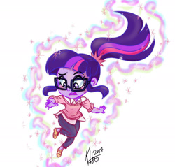 Size: 2330x2230 | Tagged: safe, artist:katrina hadley, artist:lunchie, character:twilight sparkle, character:twilight sparkle (scitwi), species:eqg human, my little pony:equestria girls, chibi, clothing, female, glasses, magic, official fan art, open mouth, pants, signature, simple background, solo, white background