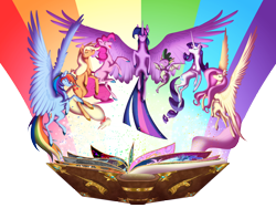 Size: 1920x1440 | Tagged: safe, artist:grievousfan, character:applejack, character:fluttershy, character:pinkie pie, character:rainbow dash, character:rarity, character:spike, character:twilight sparkle, character:twilight sparkle (alicorn), species:alicorn, species:dragon, species:earth pony, species:pegasus, species:pony, species:unicorn, big wings, book, bronycon, colored hooves, eyes closed, female, male, mane seven, mane six, mare, print, simple background, spread wings, transparent background, winged spike, wings