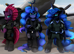 Size: 3509x2550 | Tagged: safe, artist:pridark, character:nightmare moon, character:princess luna, character:tempest shadow, species:alicorn, species:pony, species:unicorn, aircraft, arm hooves, bipedal, broken horn, clothing, commission, dc3, group, high res, horn, new lunar republic, pants, smiling, trio