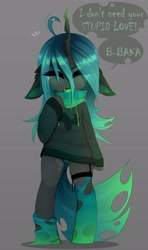 Size: 1920x3251 | Tagged: safe, artist:magnaluna, character:queen chrysalis, species:changeling, baka, changeling queen, clothing, crying, cute, cutealis, dialogue, ear fluff, eyes closed, female, floppy ears, gray background, panties, scarf, semi-anthro, shirt, simple background, socks, solo, sweater, tsundalis, tsundere, underwear